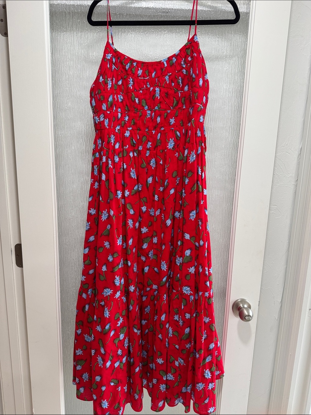 Red Floral Back Lace Up Dress with Blue Flowers